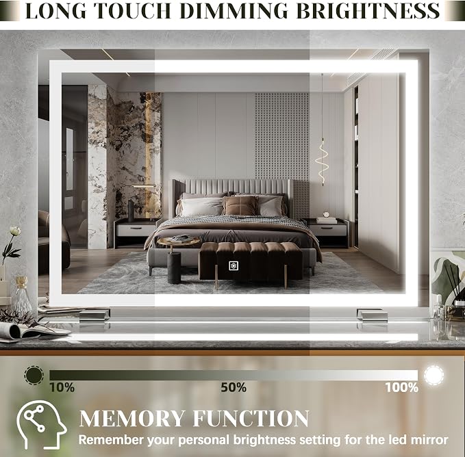 ROLOVE 32x22 Lighted Vanity Mirror, Wall-Mounted, Detachable 10X Magnifier | LED Makeup Mirror, 3 Color Modes, Stepless Dimming, Touch Control, Plug-In Design, Tabletop Use, Even Lighting
