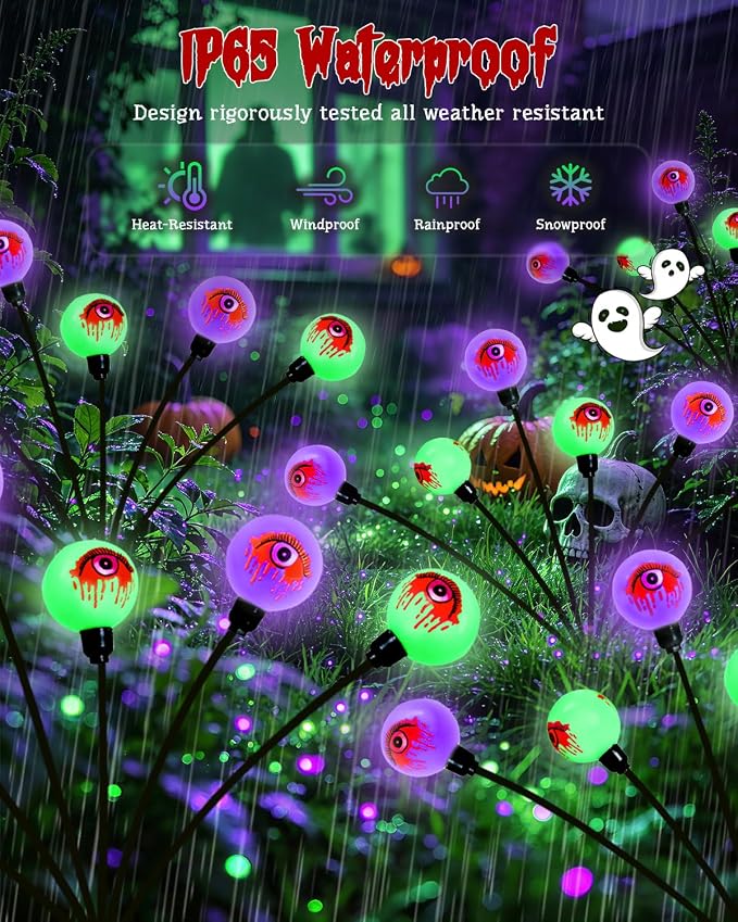 OZS 6 Pack 36 LED Solar Eyeball Lights for Outdoor Halloween Decorations | Purple & Green Solar Halloween Lights, Bleeding Eyes, Swaying by Wind, IP65 Waterproof, 2 Modes for Pathway Garden Yard Decor