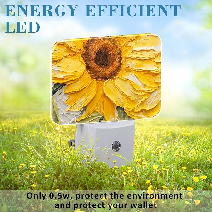 Sunflower Oil Painting Night Light Plug into Wall, Sunflower Night Light with Dusk to Dawn Sensor for Kid Girls Boys Women Men Bedroom, Hallway, Kitchen, Bathroom, Stairs Decor