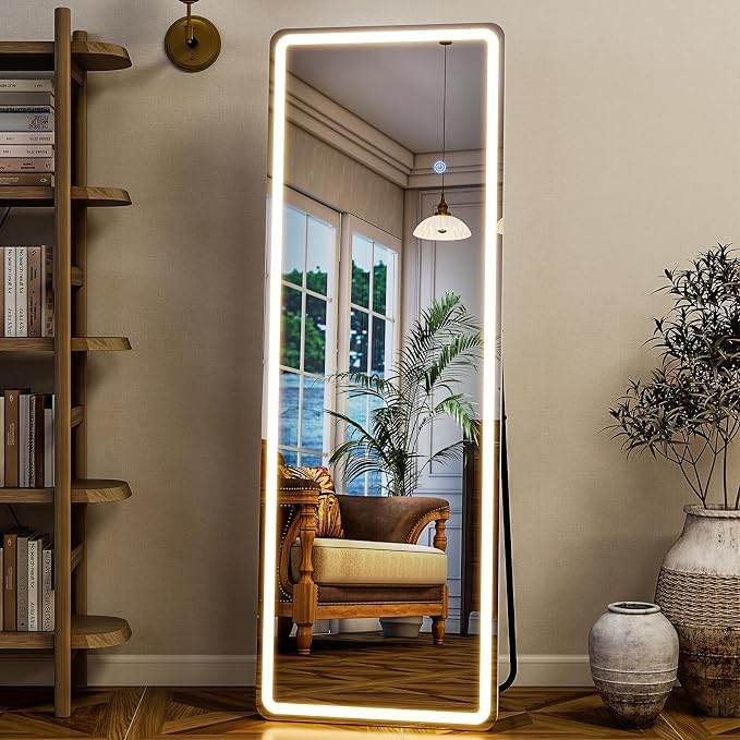 56" x 20" Full Length Mirror, LED Lighted Floor Standing Mirror | Dimming & 3 Color Lighting and Shatterproof Tempered Glass Wall Hanging or Leaning Full Body Mirror for Bedroom/Home Decor