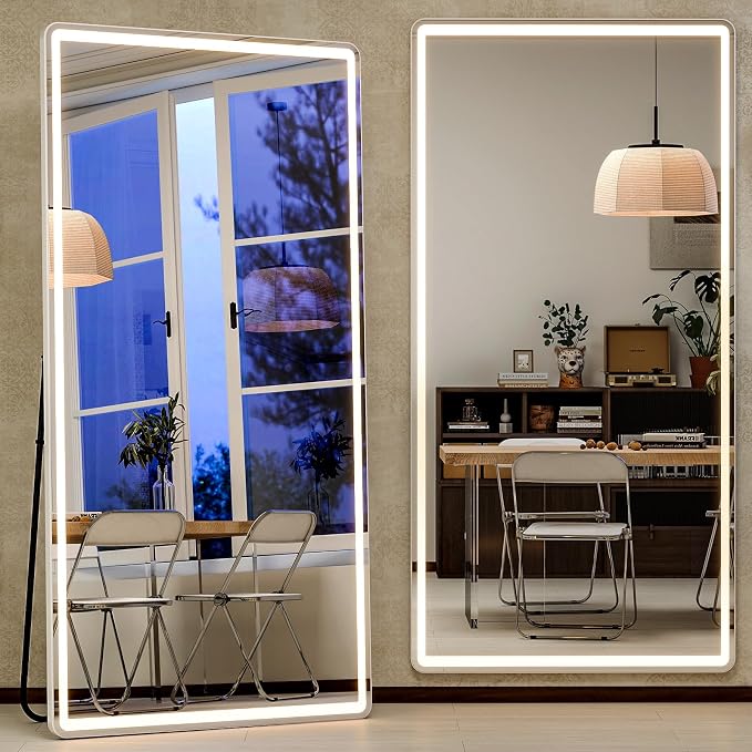 34x76 inch Full Length Mirror with Lights, LED Full Body Mirrors | Stepless Dimmable 3 Color Lighting Floor Standing/Hanging/Leaning/Wall Mounted Vanity Mirror for Bedroom Cloakroom (Rect)