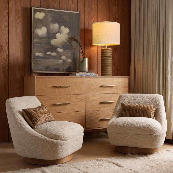 PoKat Farmhouse Table Lamps Set of 2 for Living Room, 27'' Tall Retro Ceramic Bedside Lamps with Linen Lampshade for Bedroom, Vintage Wood-Like Rustic Nightstand Lamp Office Sideboard Hallway (Brown)