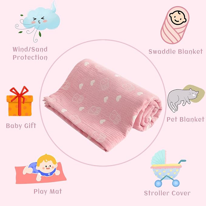 NTBAY 3 Layer Muslin Toddler Blanket, 30 x 40, Pink Rabbit | Breathable Muslin Cotton Outer Layers with Light Thermal Fill, Reversible for Stroller, Daycare, Travel, and Supervised Use