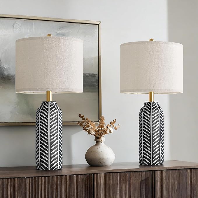 BOBOMOMO 26" Farmhouse Black Table Lamps Set of 2 – Rustic Resin Lamps with Vintage Leaf Pattern and Linen Shades, Black Bedside Lamps for Bedroom, Living Room, Office, Entryway, Console Table