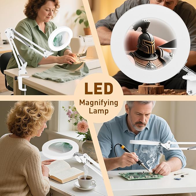 KIRKAS 10X Magnifying Glass with Light and Clamp, Swivel Arm LED Desk Lamp | 10 Level Dimmable 3 Color Modes, Lighted Magnifier with Light for Repair, Craft, Sewing, Reading, Close Work - White
