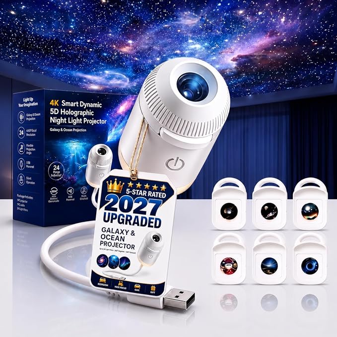 Hd Smart Dynamic 5d Holographic Night Light Projector, 2027 Upgraded Plug and Play Hd Star Projector, 360° Adjustable Hd Galaxy and Ocean Projector for Bedroom Ceiling (6 Projection Films)
