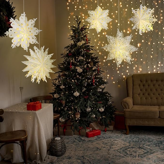 Mudder 5 Pieces Large Christmas Snowflake Paper Lantern with 7 Light 23.6/17.7 Inch Star Paper 3D Hanging Lantern Lamp Party Decoration for Weddings Holiday Xmas Trees(Cute Style,White)