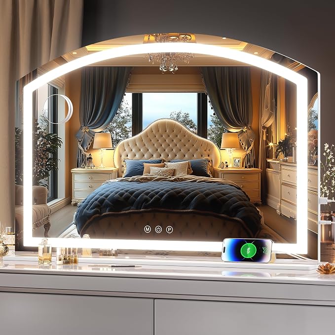 Hasipu 36” x 24" Vanity Mirror with Light, Arched Led Makeup Mirror with 10X Magnification, USB Charging Port, Dimmable 3 Colors Mode, Gifts for Women Wife Teengirls