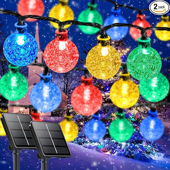 Multicolor Solar String Lights Outdoor, 2-Pack Total 100 LED 64FT Crystal Globe Solar Lights for Outside Waterproof with 8 Lighting Modes, Easter Decorations for Tree Wedding Patio Party Garden