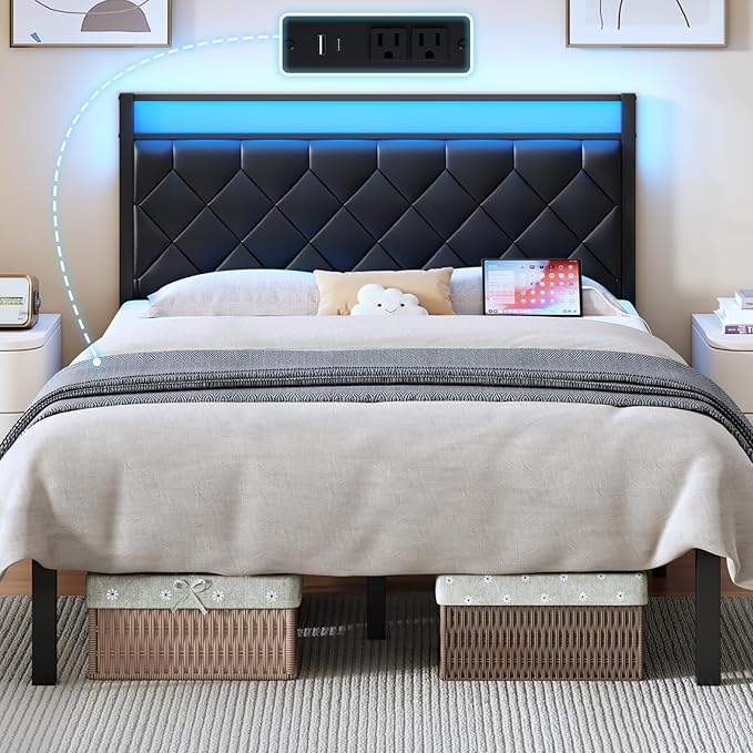 Full Size Bed Frame with Headboard, Modern Metal Bed Frame with LED Lights & Charging Station, PU Leather Upholstered Headboard, All Metal Slats Support, No Boxing Spring Needed, Noise Free, Black