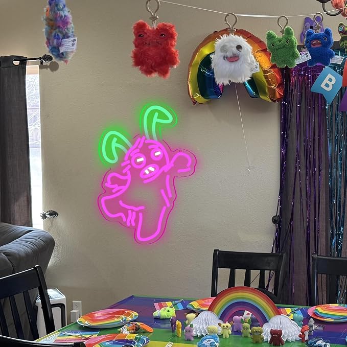 Funny Ugly Cute Monster Rabbit LED Neon Sign, USB Powered Pink Green Kawaii Bunny Neon Light for Wall Decor, Funny Cartoon Inspired Aesthetic Lamp for Kids Bedroom, Game Room, Gift for Fans