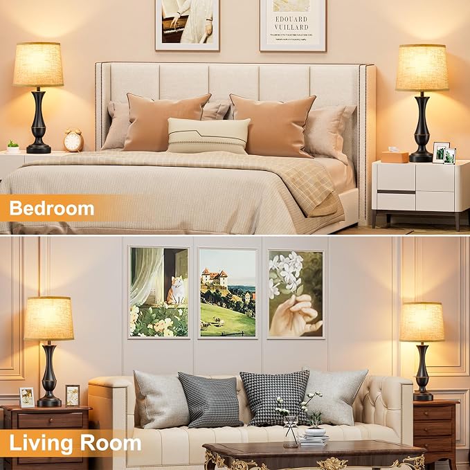 Touch Lamps for Nightstand, 3 Way Dimmable Lamps for Bedroom with USB C+A | Touch Control, USB C+A Charging Ports, Table Lamps for Living Room, Night Stands, Bedside, Bedroom, Bulb Included, Black