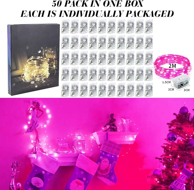 ZGWJ 50 Pack Pink Fairy Lights, Mini String Lights | Battery Operated 7 FT 20 LED Waterproof 3 Modes for DIY, Parties, Wedding, Halloween, Christmas Decoration