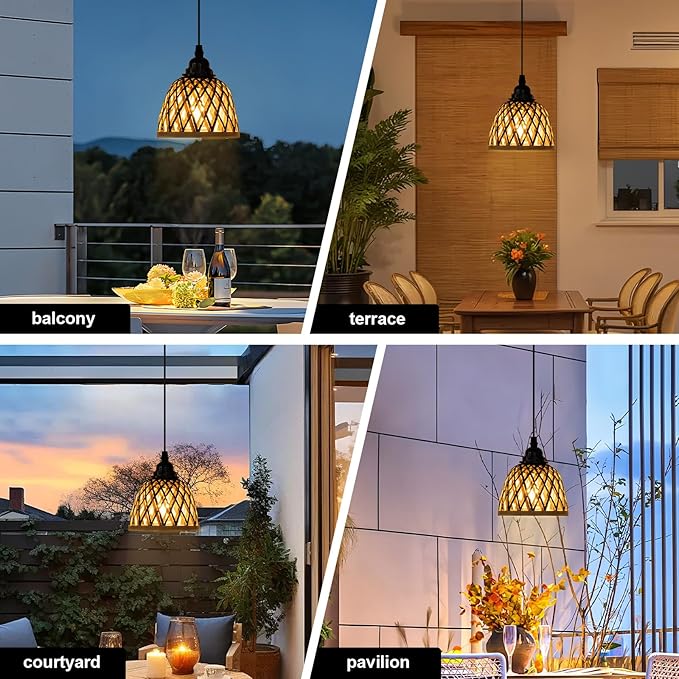 2 Pack Bamboo Chandelier/Dimmer, Waterproof Outdoor Pendant Light for Patio/Gazebo, Hand-Woven Boho Style, Battery Operated (No Wiring)