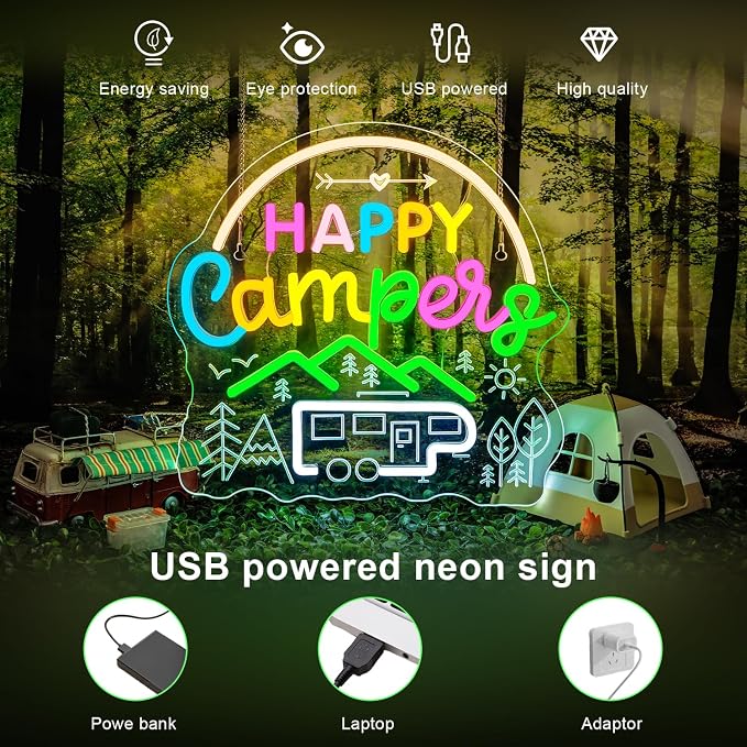 Camping Neon Sign Car Neon Signs for Wall Decor Happy Camper Sign Lights Up Van Life Travel Trailer LED Camping Decor for Inside Outdoor Decorations Camper Gifts for Teens Picnic Lovers