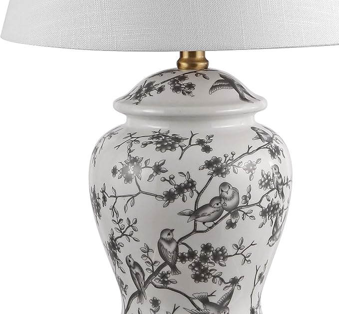 JONATHAN Y Penelope Ginger Jar 22" LED Table Lamp, Gray/White | Chinoiserie, Ceramic Metal Construction, French Country Traditional, Linen Empire Shade, Brass Gold, LED Bulb Included
