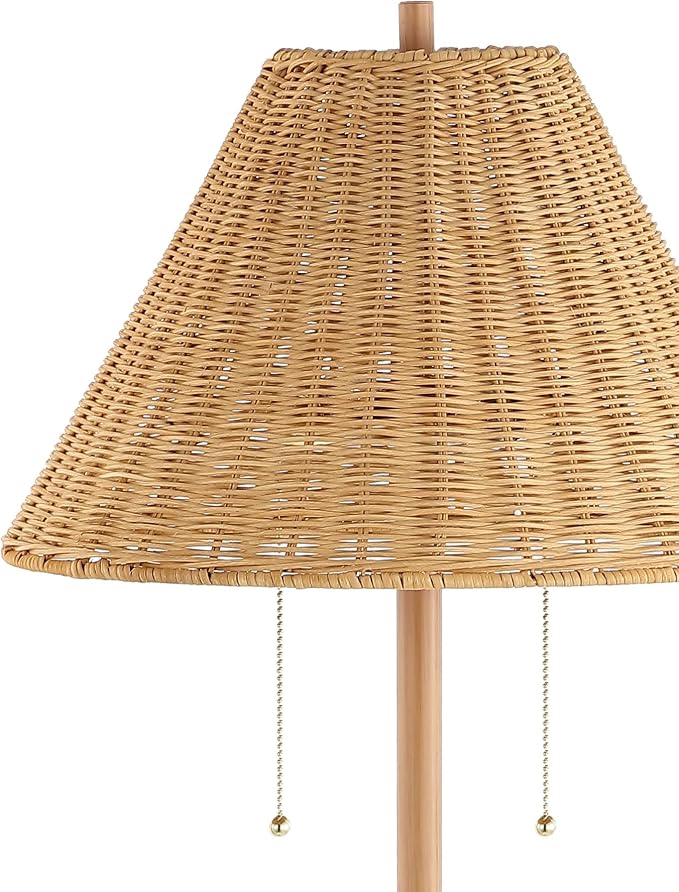 JONATHAN Y Nando 2-Light Coastal Rattan Floor Lamp 61", Brown Wood Finish | Mid-Century Modern, Standing Lamp, Metal Base, Pull-Chain Switch, Woven Coolie Shade, LED Bulbs Included