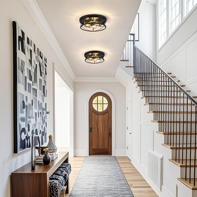 Farmhouse Light Fixtures, Black and Gold Round Metal Flush Mount Ceiling Light, 3-Light Cage Ceiling Lamp for Kitchen, Foyer, Bedroom, Hallway（Bulbs Not Included）