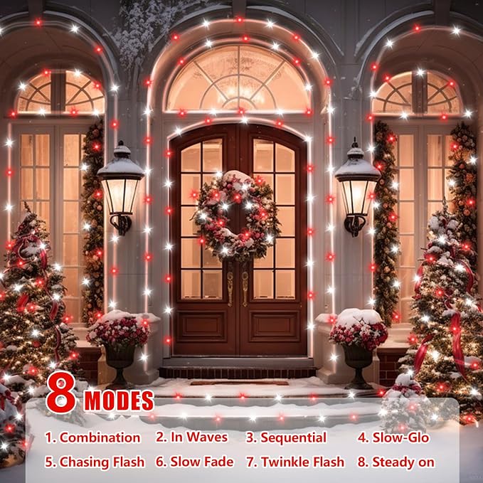 YEGUO Solar Christmas Lights Outdoor Waterproof, 2 Packs Each 33ft 100 LED Rope Lights, 8 Modes Fairy String Lights in Clear Thin Tube for Camping Fence Patio Garden Trampoline Deck(Red and White)