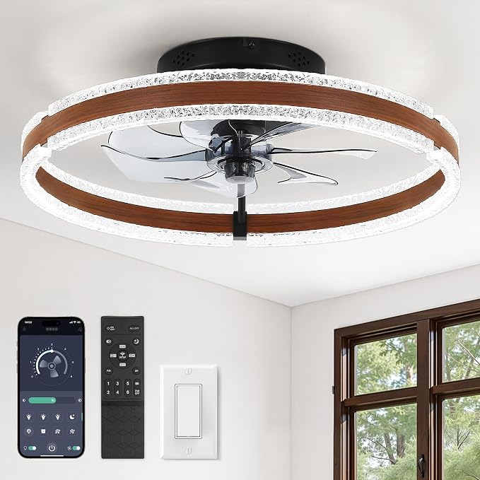 LEDIARY 20'' Modern Low Profile Ceiling Fans with Lights and Remote, Walnut | 3000-6000K Dimmable LED, 6 Wind Speeds, Quiet Reversible DC Motor, Small Flush Mount Fandelier for Bedroom, Living Room