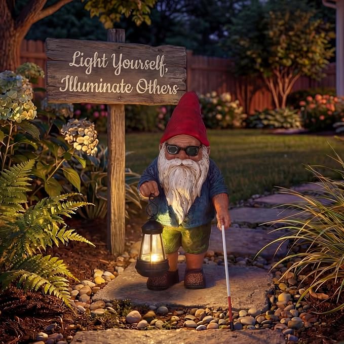 Garden Gnome Outdoor Statue -10.2 inches Outdoor Decor for Patio Yard Balcony Pathway - Self-Growth & Win-Win Gift - Gnome Lantern Bearer: Illuminate the Path for Others