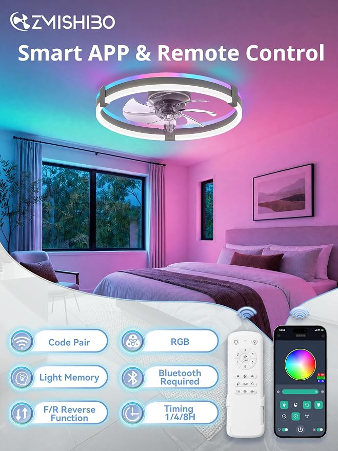 ZMISHIBO 20" RGB Low Profile Ceiling Fans with Lights and Remote, Grey | Custom RGB+3CCT Dimmable, 6 Speeds, Remote/App Control, Reversible DC Motor, Memory, Timer, Modern Fandelier for Kids/Bedroom
