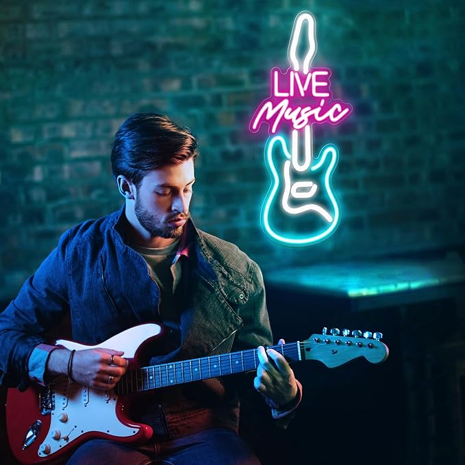 Kavaas Live Music Neon Sign for Wall Decor, LED Guitar Shaped Sign for Music Studio, Bar, Bedroom, Party, Man Cave - Best Gifts for DJs Enthusiast, Birthday, Christmas