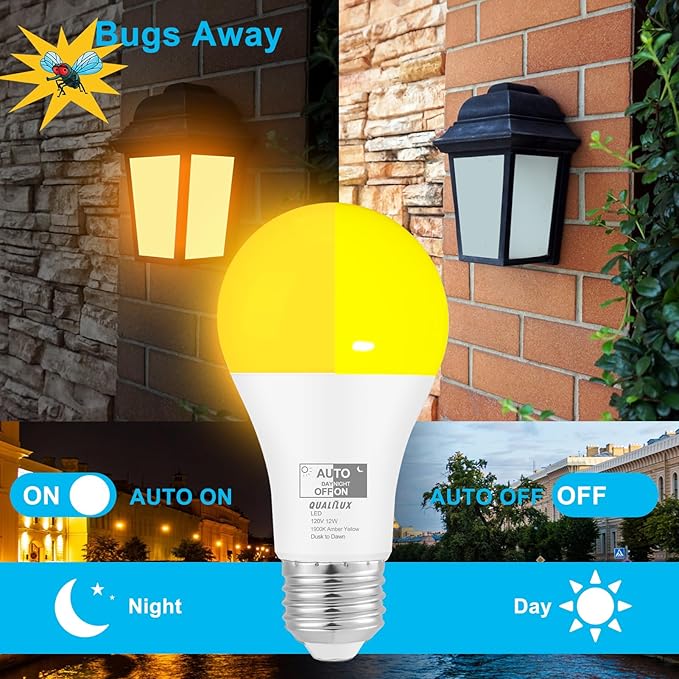 Dusk to Dawn Light Bulbs, Auto On/Off Light Sensing LED Bulbs Outdoor, Amber Yellow Bug Light, A19 2-Pack, 12W 800LM 60W Equivalent, HQ-H019