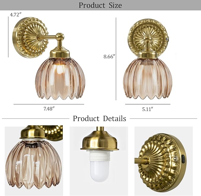 Battery Operated Wall Sconce, Vintage Wall Light, 2 Pack, Amber Tulip Glass | Gold Metal Base, 5200mAh Rechargeable, Dimmable LED, Remote Control, Cordless, Bedside, Bedroom, Doorway, Living Room