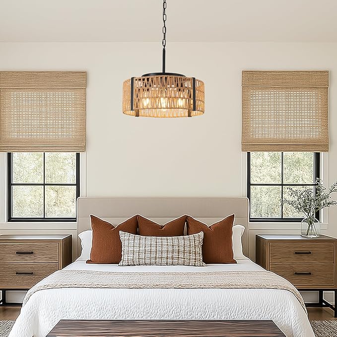 Boho Rattan Chandelier,4-Light 17.7”Chandeliers for Dining Room Hand Woven Rattan Light Fixture Farmhouse Chandeliers for Kitchen Island Bedroom, Living Room, Foyer (E26 Bulbs Not Included