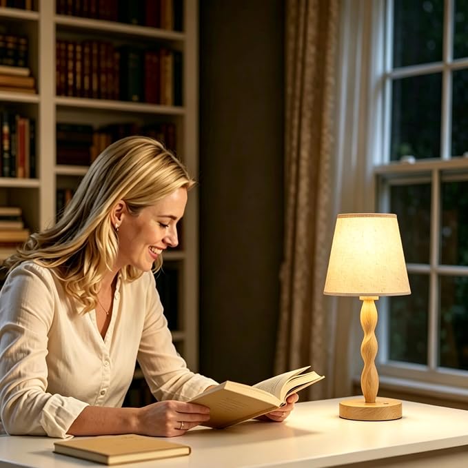 Rechargeable Cordless Table Lamp, 5000mAh Battery Powered Touch Desk Lamp, 3-Level & Stepless Dimmable Night Light, Portable Bedside Lamp for Bedroom, Outdoor, Bulb Included, Wood Grain