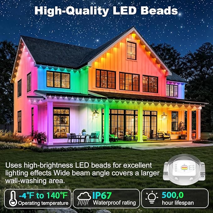 200FT Permanent Outdoor Lights Waterproof with Smart App Control Remote,DIY Scene Modes,Music Sync hronization,Eaves Lights for Garden Decor,Deck,Christmas