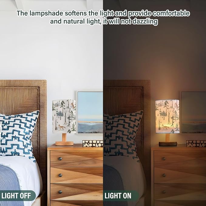 Table Lamp Watercolor Woodland Animal Pattern Fox Rabbit Hedgehog Bird Nightstand Lamp with Wood Base Fabric Lamp Shade Bedside Desk Lamp for Living Room Bedroom Kids Room Office