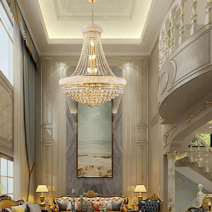 28" W 15 Light Luxury Foyer Chandeliers, Unique Empire K9 Crystal Chandelier for High Ceiling Foyer Entryway Living Room (Gold)