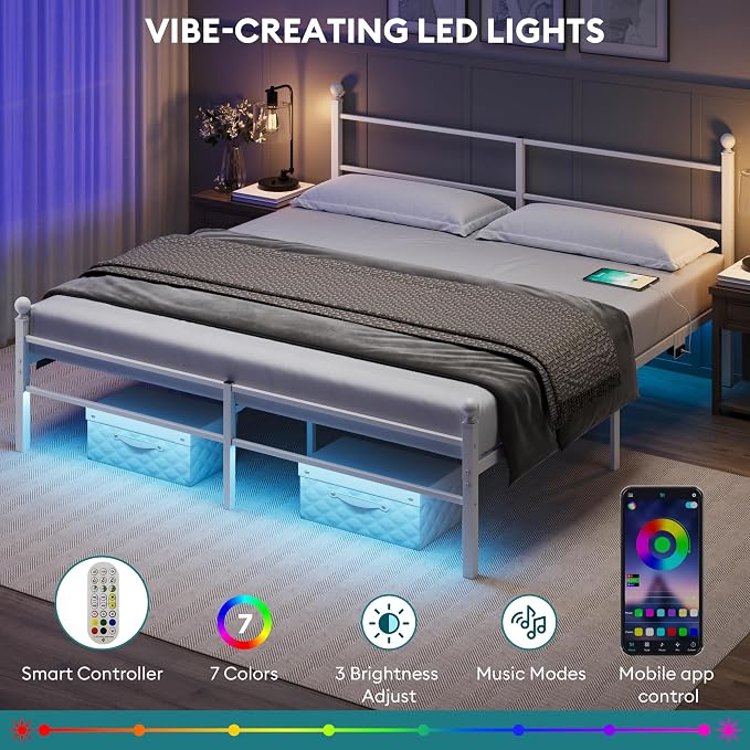 King Size Bed Frame with Headboard - Metal Platform Bed with LED Lights, Charging Station, Under Bed Storage and Heavy Duty Steel Slats Support - No Box Spring Needed, Easy Assembly, White