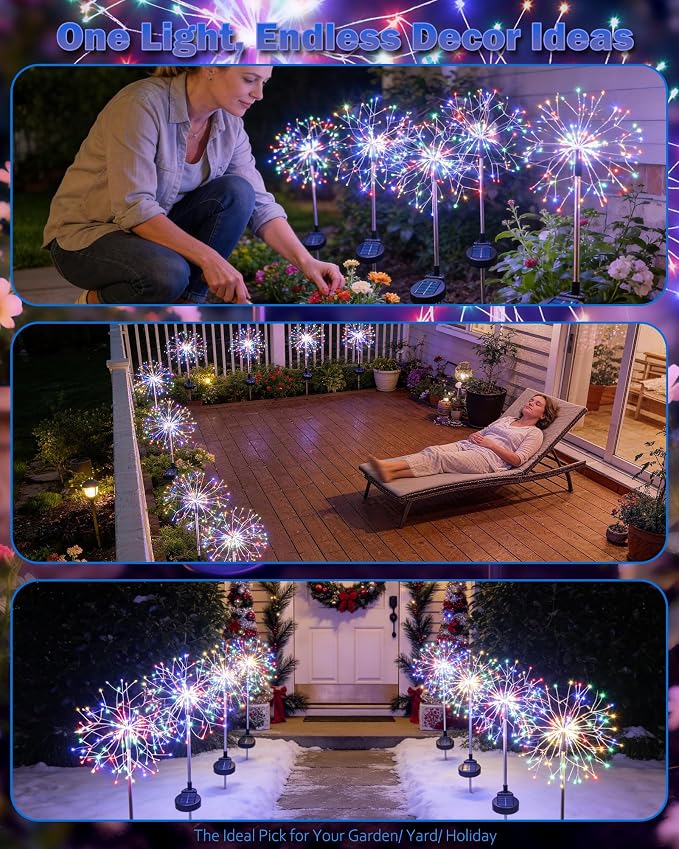 Solar Garden Lights Outdoor Yard Decorations, 2 Pack 150Leds Pathway Lights Stake, Fairy Firework Light for Garden, Patio, Pathway, Flowerbed Multicolor
