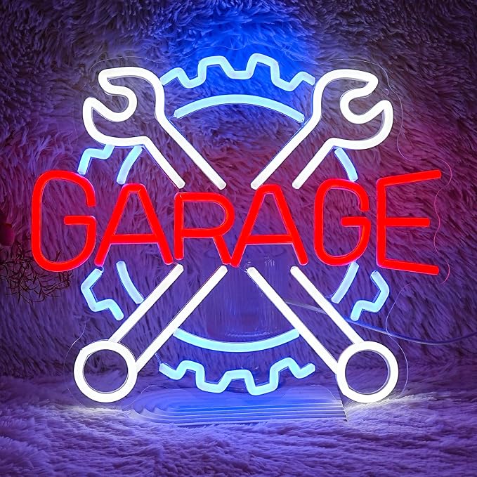 Garage Neon Sign Gear Wrench LED Light Up Sign for Wall Decor USB Check Engine Neon Light for Car Repair Shop Man Cave Gift for Dad Boys(12.6 * 14.5 In)
