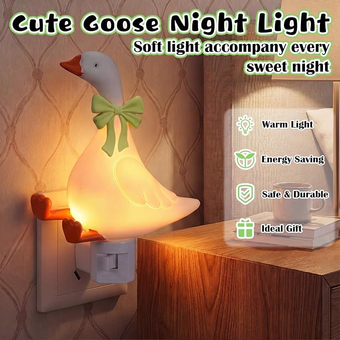 Gerrii Silly Goose Night Light Plug in Green Bow Decorative LED Night Lights Dusk to DAW Cute Goose Decor for Nursery, Kids Bedroom, Bathroom, Birthday Gift Nightlight