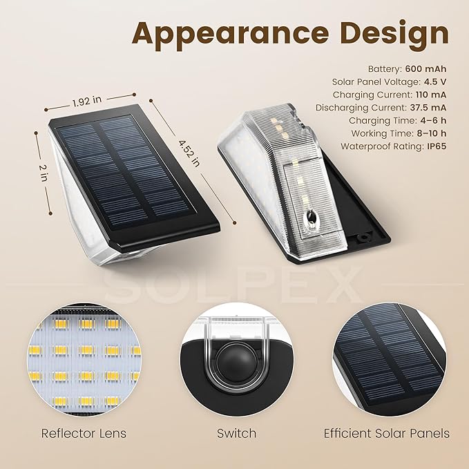 SOLPEX 6 Pack Four-Sided Illumination Solar Step Lights for Outside, Solar Stair Lights Outdoor, Solar Railing Lights Outdoor Waterproof with 33 LEDs for Steps, Stair, Deck, Porch (Warm White)