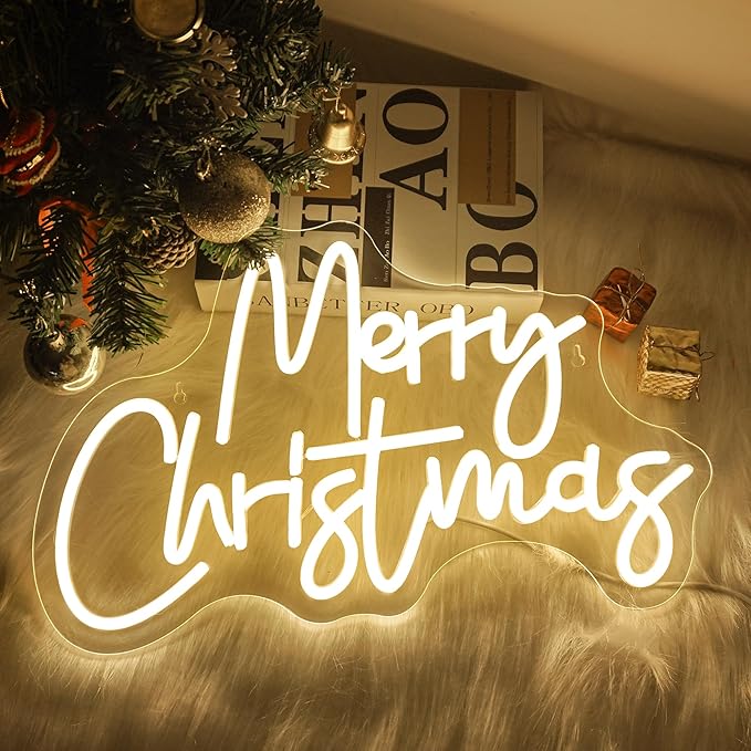Merry Christmas Neon Sign, Warm White Christmas Neon Signs for Wall Decor, Dimmable Switch Neon Sign with Acrylic Board, Art Wall Decorative Night Light for Indoor Party Kids Bedroom Wedding Bar Pub Club Decor