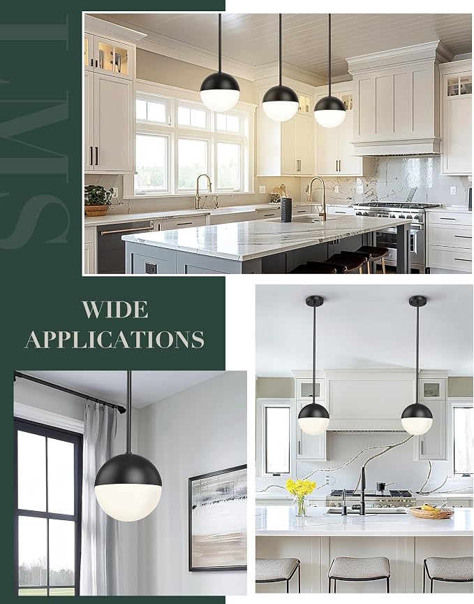 8-inch Black Pendant Lights Kitchen Island, Modern Globe Pendant Light with Frosted Glass, Contemporary Mid Century Hanging Light Fixture for Kitchen Island Sink Bedroom Bathroom, LMS-186