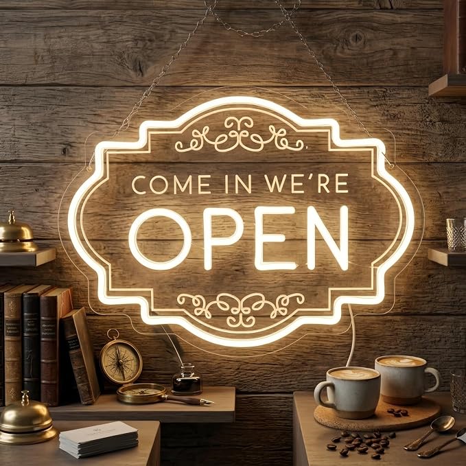 Open Neon Sign 17"x12.6", USB Powered LED Light for Store Decor | Come in we're Open Welcome Light for Restaurants, Cafes, Shops, Bars and Home Decor
