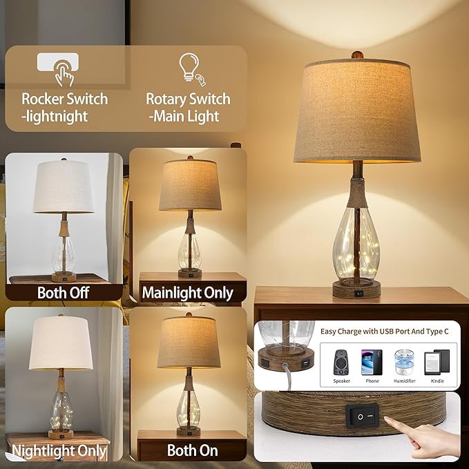 23" USB A+C Table Lamp for Bedroom Living Room Modern Bedside Lamps Retro Farmhouse Rattan Glass Nightstand Nightlight Lamps,Two Light Points