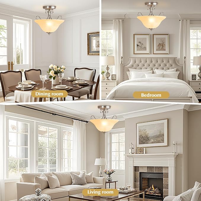 Luvkczc 12" Semi Flush Mount Ceiling Light, Brushed Nickel Ceiling Light Fixture, Mid Century Ceiling Light, Modern Glass Close to Ceiling Light for Bedroom Kitchen Porch Hallway, Bulbs Not Included