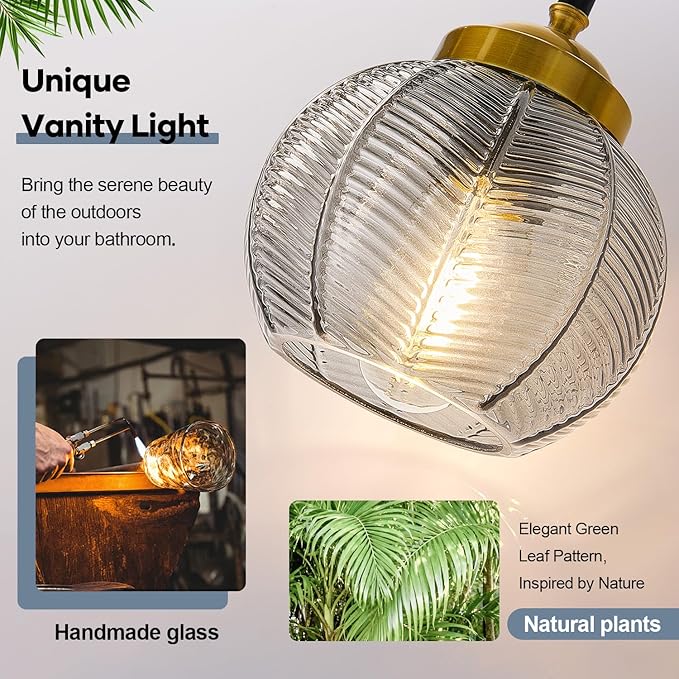 Bathroom Light Fixtures, 3-Light Smokegray Vanity Lights with Unique Leaf Texture Glass Shade, Modern Matte Black and Gold Bathroom Wall Lamp for Mirror Hallway Cabinet Living Room