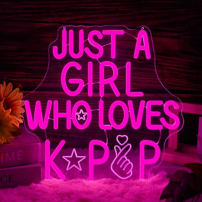 Kpop Neon Sign - Just a Girl Who Loves Kpop LED Light Dimmable USB Powered Neon Lights for Girls Room Decor, Teen Bedroom Aesthetic, Kpop Fan Gift, Korean Music Wall Art, Dorm Decor(12.7 * 12.4inch)