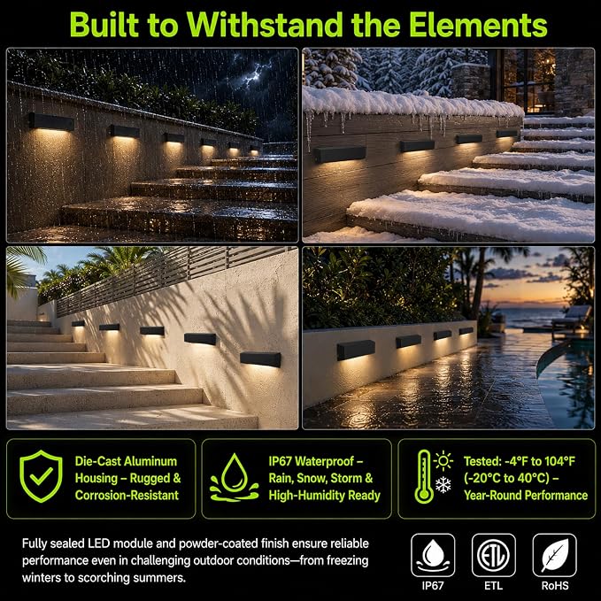 6-Pack Low Voltage 12V AC/DC LED Step Lights, 4W 2700K Warm White, 6-Inch IP65 Waterproof Outdoor Stair Lights, Die-Cast Aluminum Landscape Deck Lighting for Steps, Patio, Pathway, Retaining Wall
