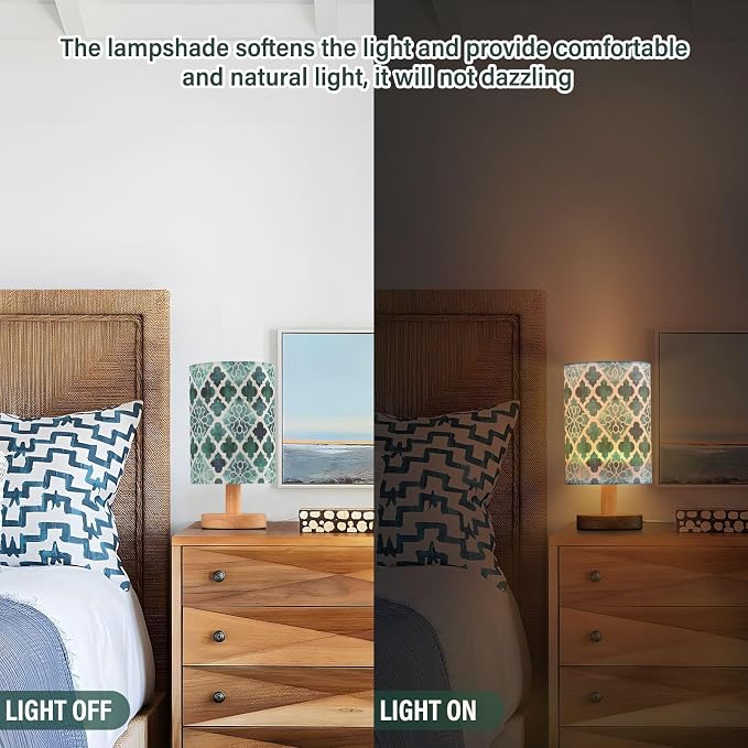 Fustylead Teal Green Moroccan Tile Table Lamp for Bedroom USB Port Lamps Small Accent Table Lamp Nightstand Lamp Sturdy Linen Shade Wooden Base Decorative Lamps for Bedside Reading|Kids|Dorm|Home