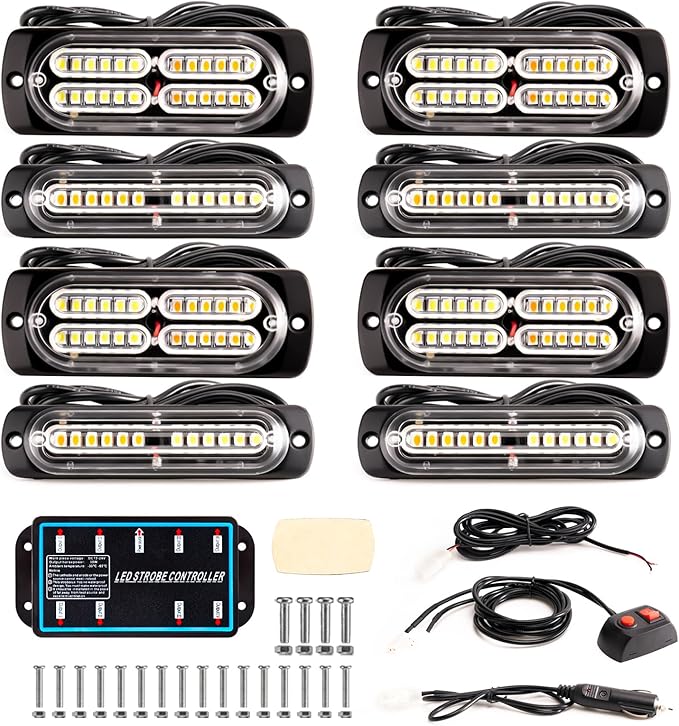 BooYu 8-pcs Green/Amber Surface Mount LED Emergency Strobe Lights for Trucks, Vehicles, Sync Feature Ultra Slim Grille Flashing Warning Hazard Light Bar w/Controller for Construction, Firefighter
