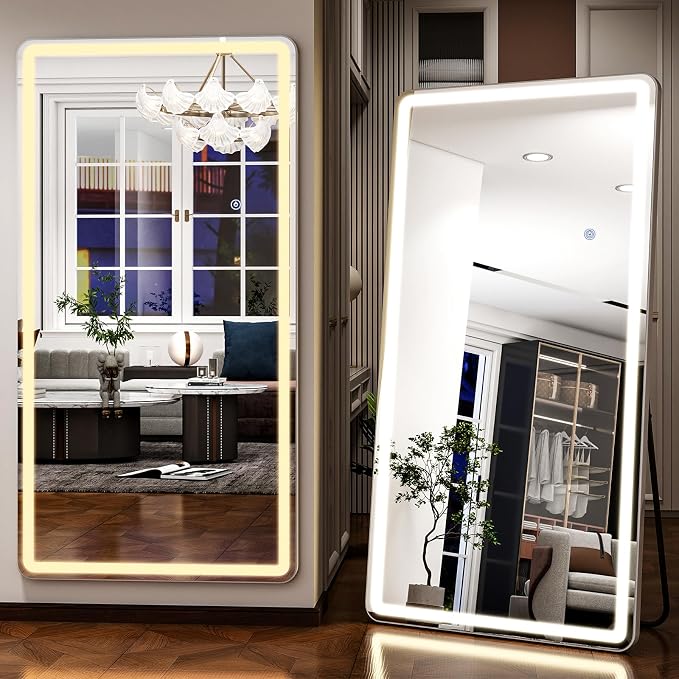 Easly 76"x 34" Full Length Mirror with Lights, LED Lighted Floor Standing, Hanging Full Length with Stand, Full Body Dressing Mirror with Dimmable 3 Color LED